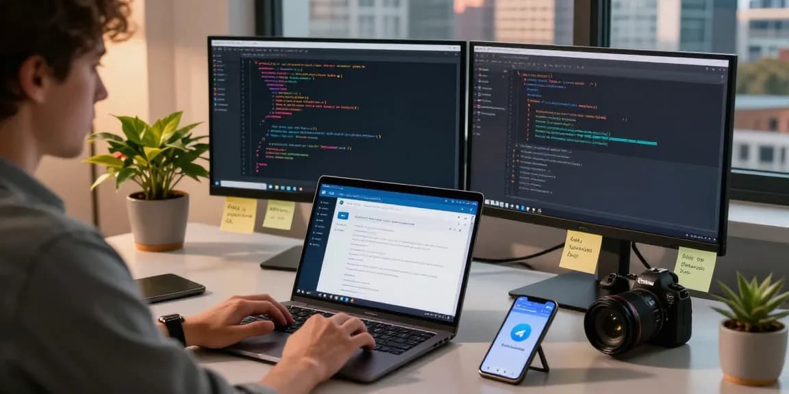 Using the Telegram Web Version on a modern workspace setup with dual monitors and vibrant decor.