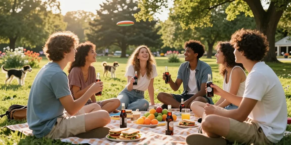 Group enjoying root beer at a summer picnic in a green park.