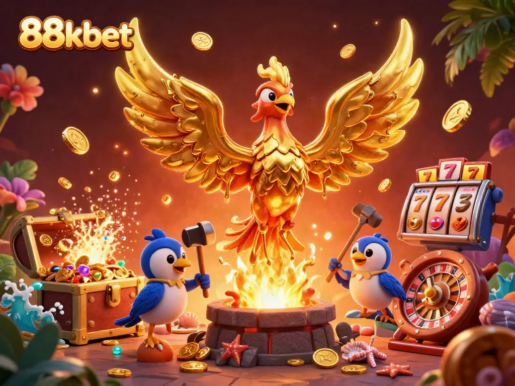 Experience thrilling wins with 88kbet as golden phoenixes and casino elements create an exciting atmosphere.