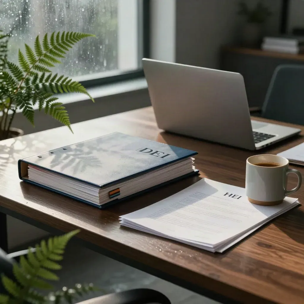 HR audit binder, laptop, folders, mug and fern by rain-streaked boardroom window