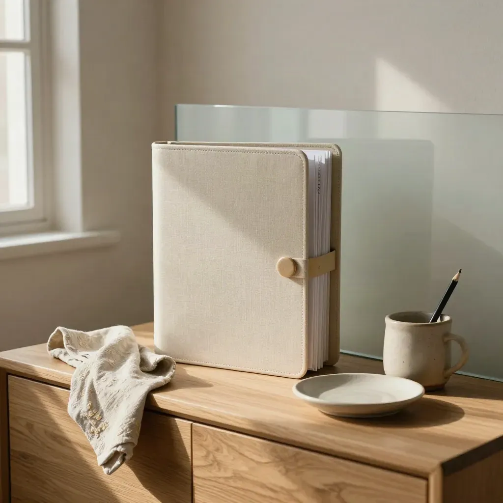 Policy binder vignette on a sideboard with linen, dish and pencil cup by frosted glass