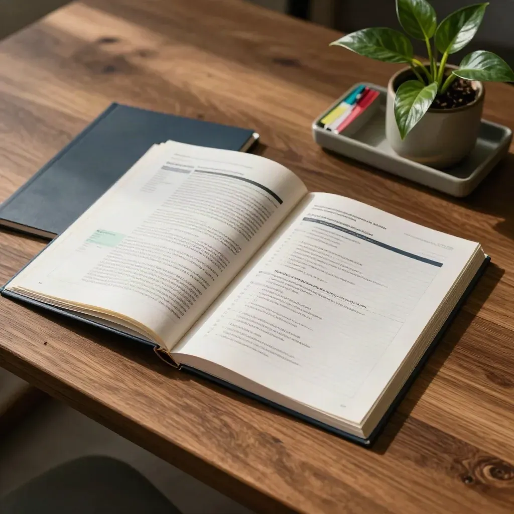 Overhead audit workbook, folders, tabs, and a plant on a walnut table in soft daylight.
