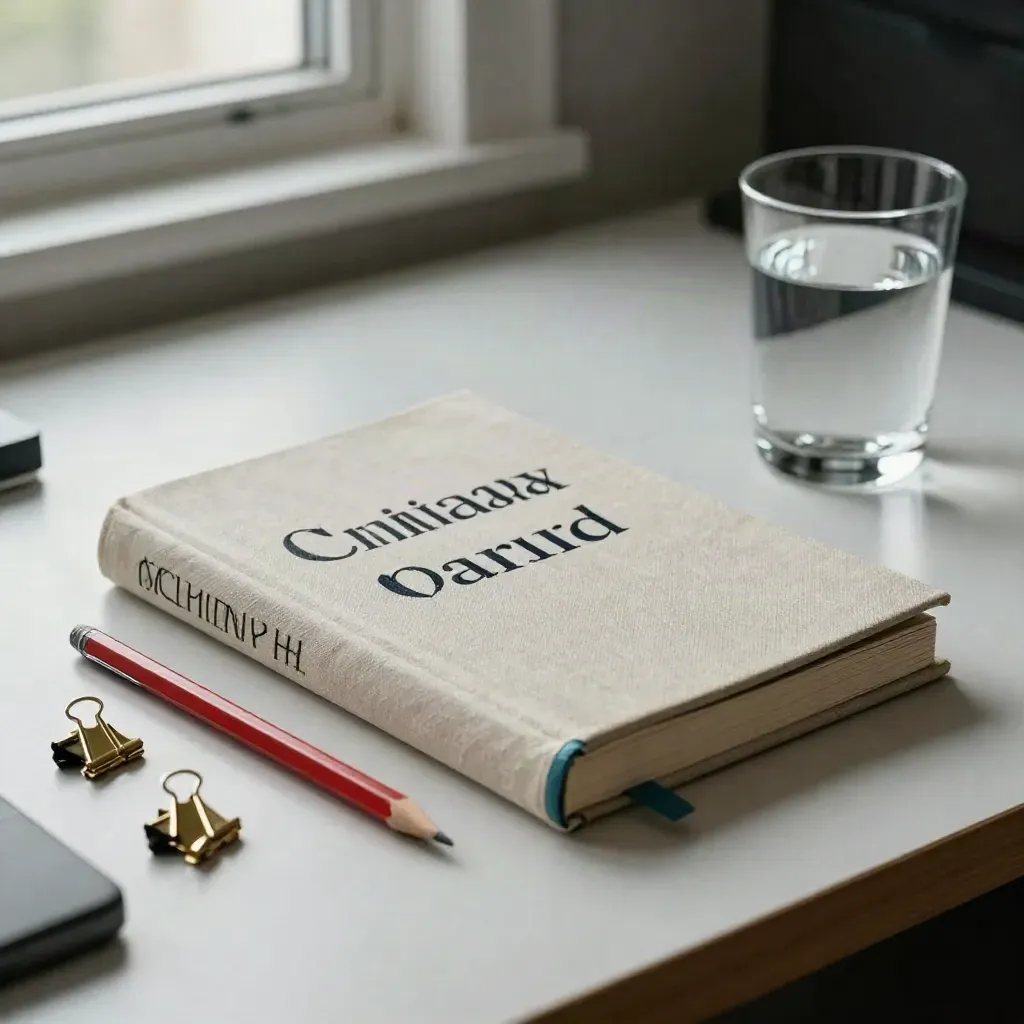 Closed policy handbook in linen jacket beside pencil, clips and water on a pale wood desk.