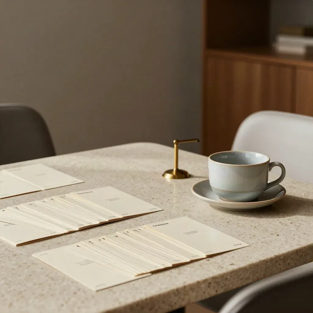 Travertine coaching table with fanned cards, ceramic cup, and chair backs under a warm lamp.