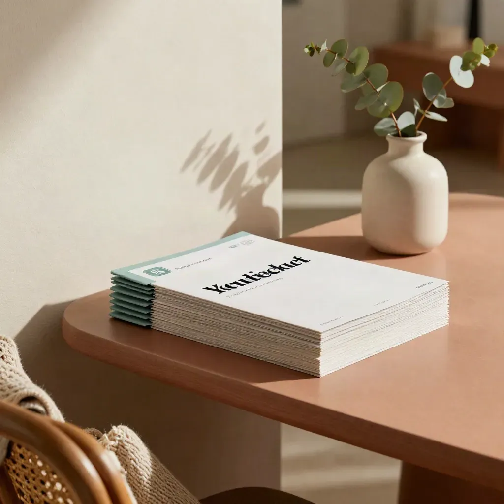 Face-down nonprofit board packets, folded sweater, and greenery on a warm reception table