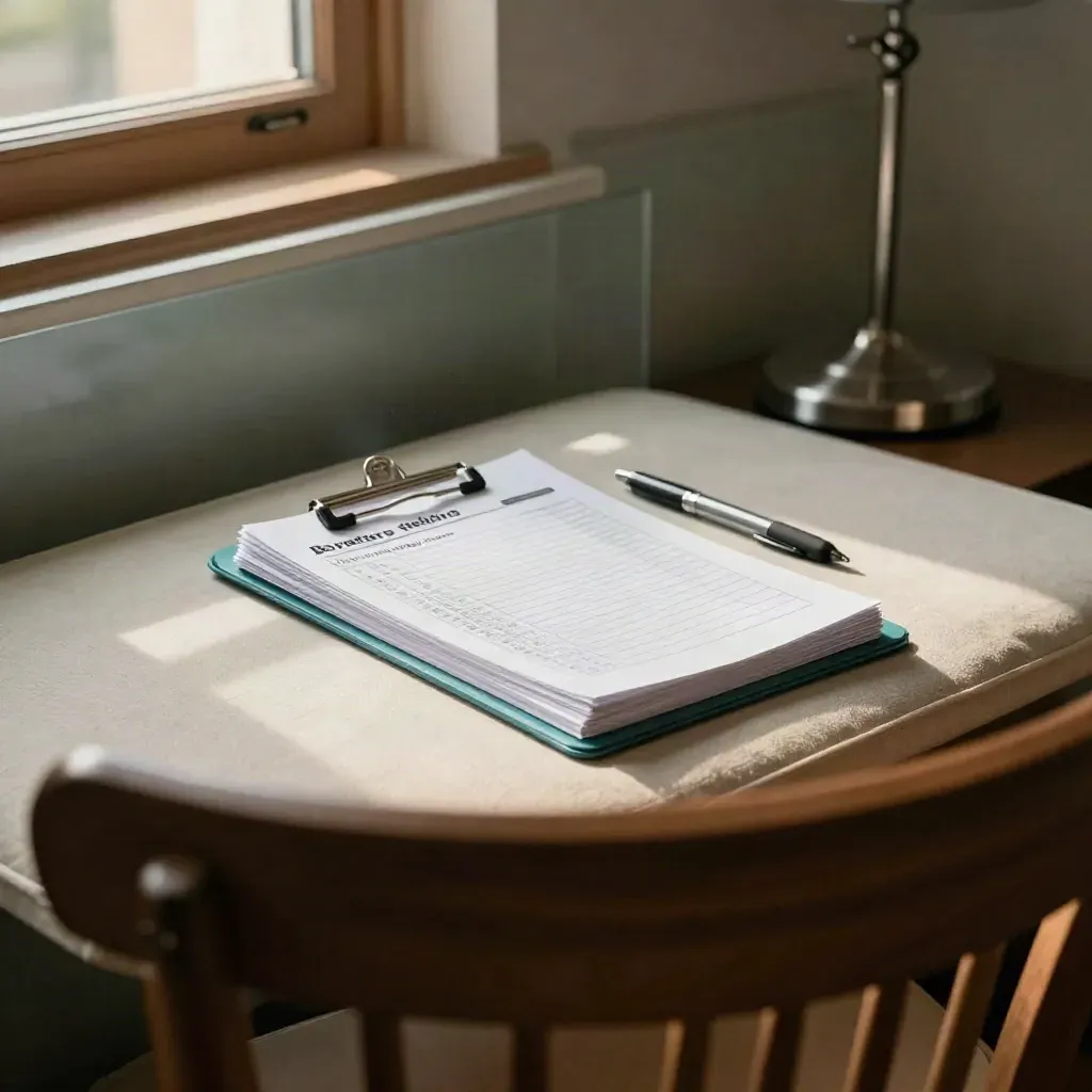 Blank interview scorecards on a clipboard beside pens and a chair arm in a quiet HR room.