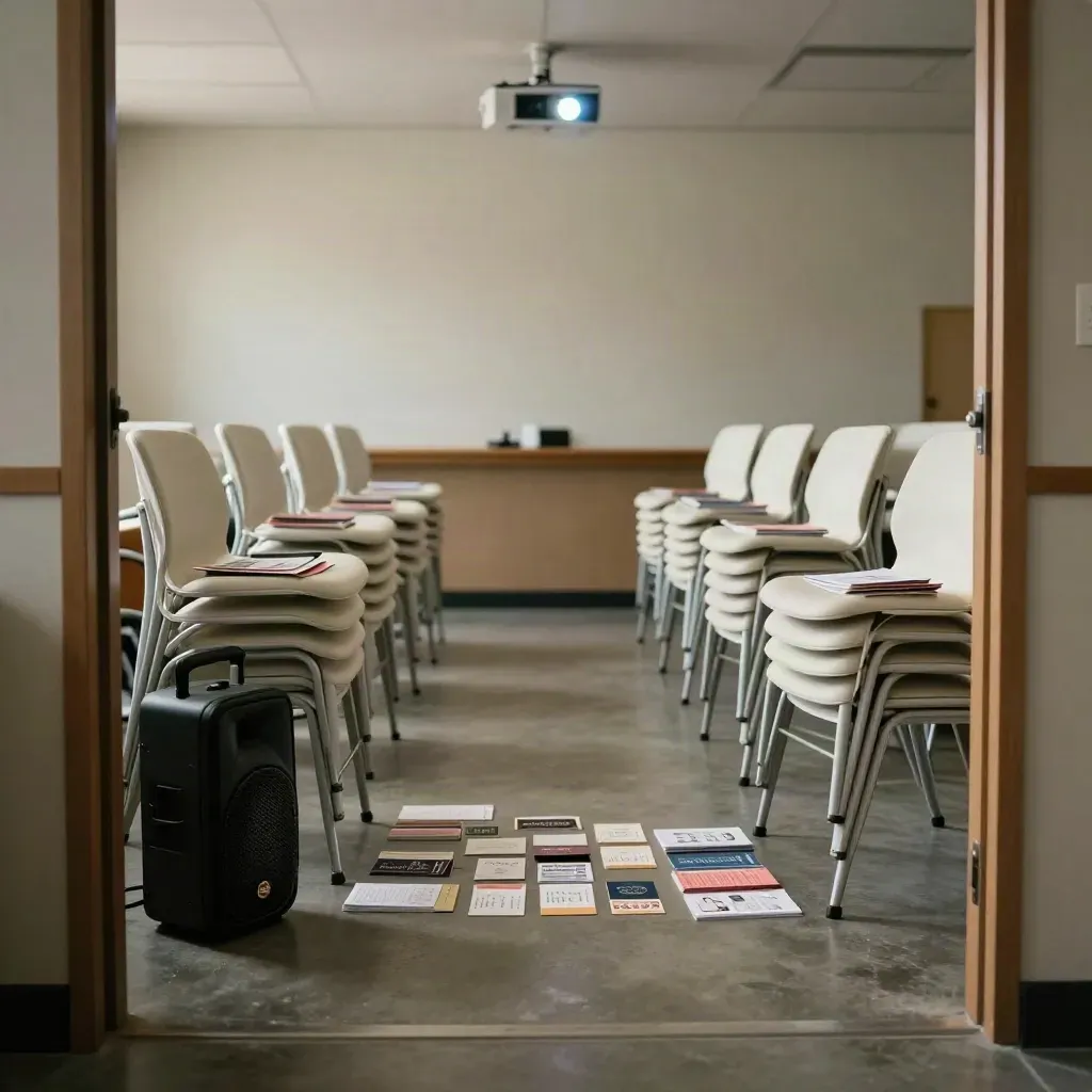 Empty training room with stacked chairs, a portable speaker, workshop cards, and projector glow