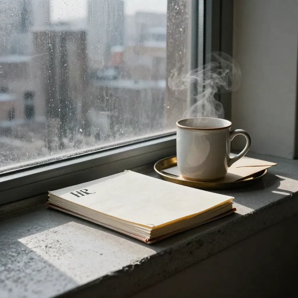 Frosted window desk corner with notebook, steaming mug, and folded envelope above a city view