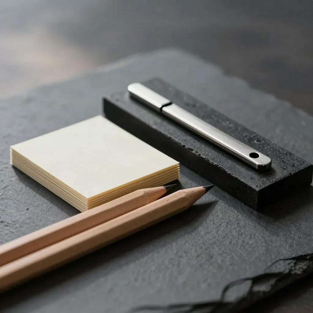 Compact bias-check toolkit with cards, pencils, clips and a stone tray on a dark surface, softly lit.