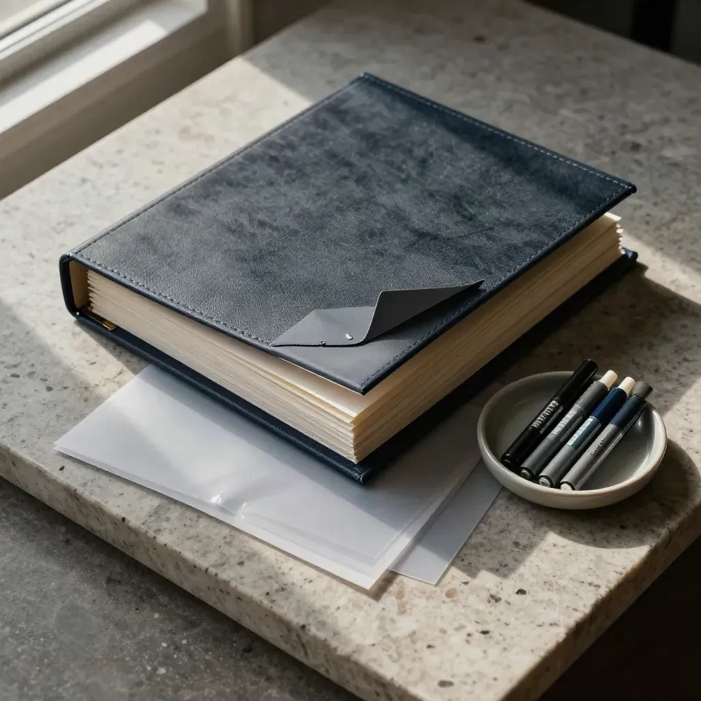 Overhead flatlay of a navy-tabbed DEI audit binder with sleeves and a ceramic dish on stone.