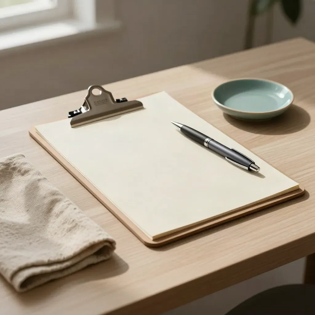 Brushed-metal clipboard with blank interview sheets, pen, dish, and leaf shadow on pale wood