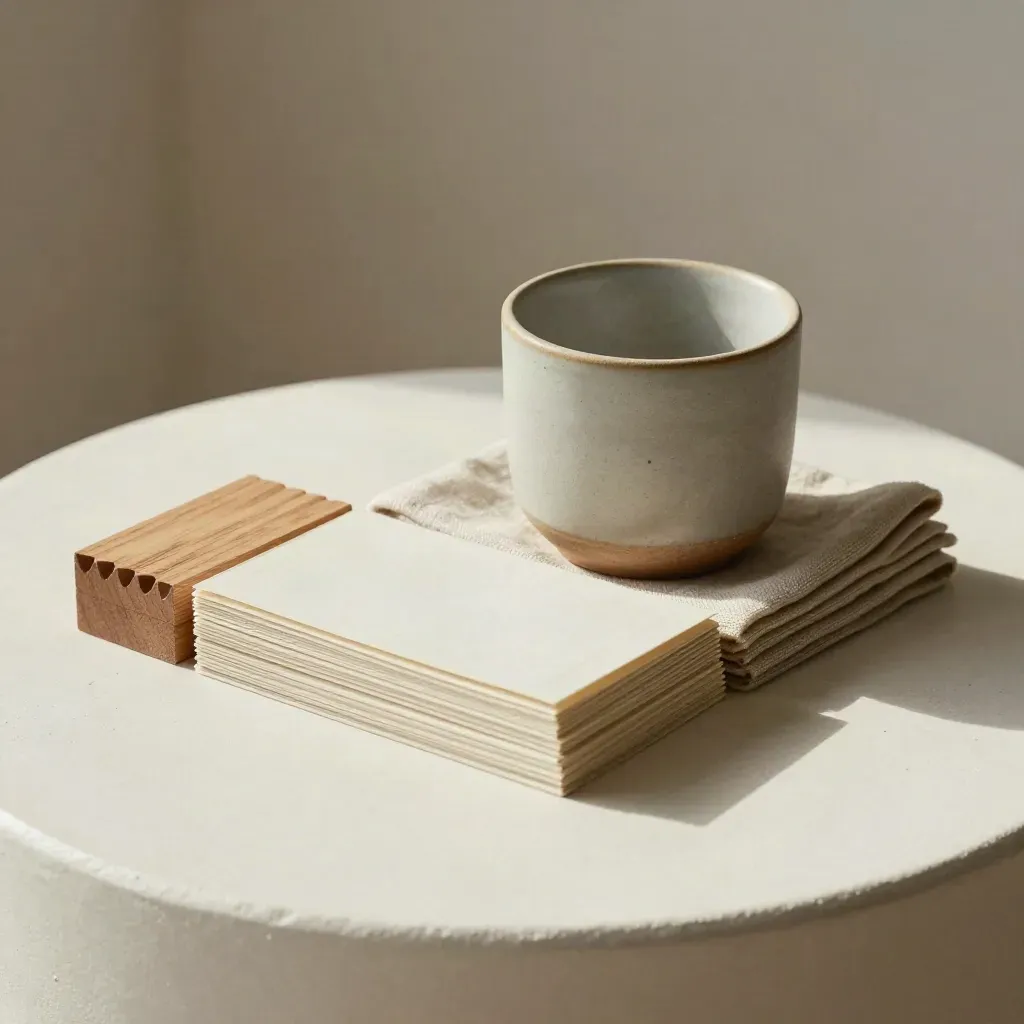Workshop cards, wooden block and matte cup on a plaster side table in soft daylight.