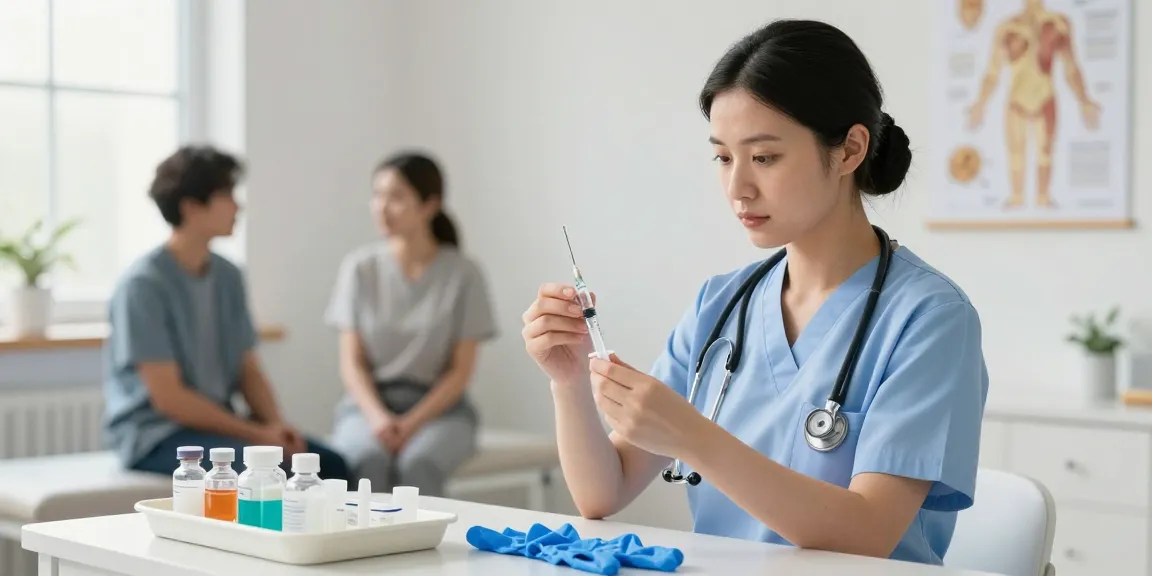 A healthcare professional skillfully preparing a medicine syringe in a bright clinical setting, emphasizing care and precision.