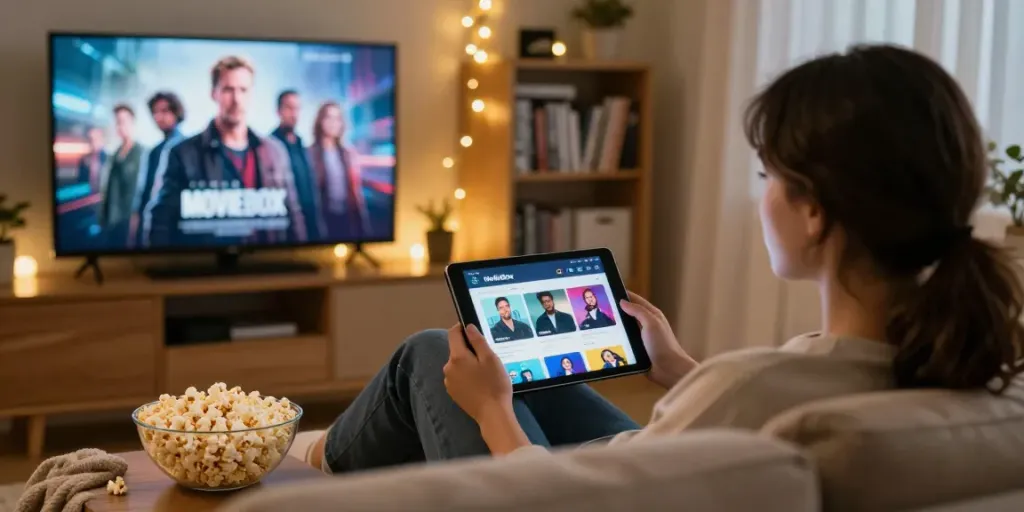 Person enjoying the MovieBox app on a tablet in a cozy living room
