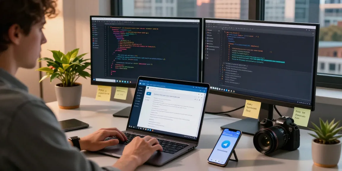 Using the Telegram Web Version on a modern workspace setup with dual monitors and vibrant decor.