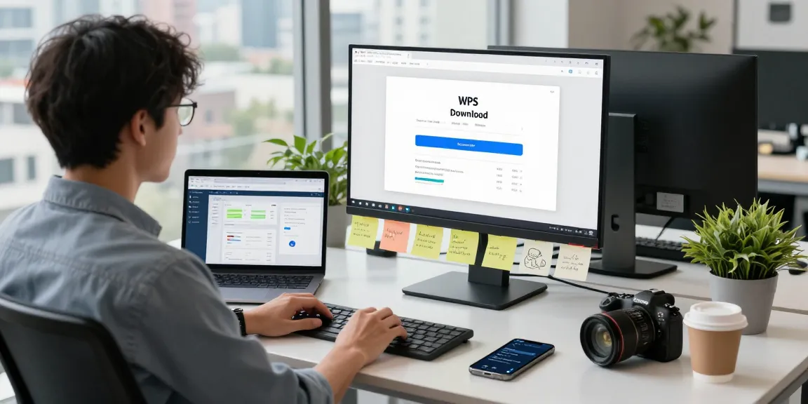 Efficient workspace showcasing WPS Download on screen with tech products and modern office elements.