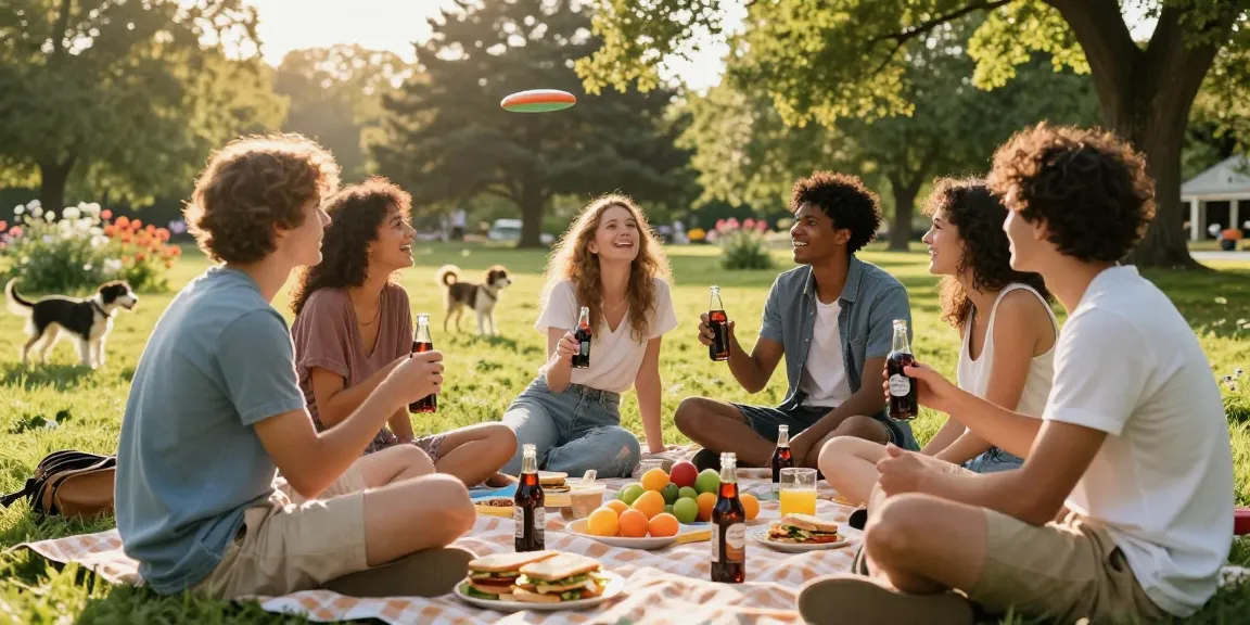 Group enjoying root beer at a summer picnic in a green park.