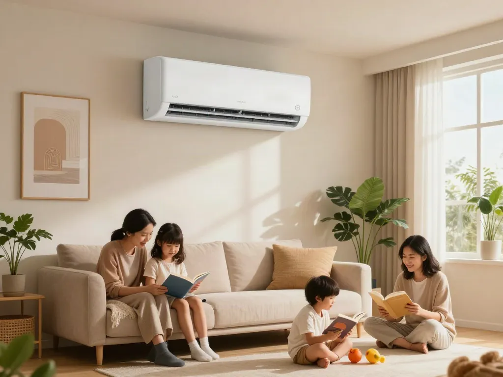 Ductless air conditioner in a cozy living room, enhancing comfort while family relaxes and enjoys activities.